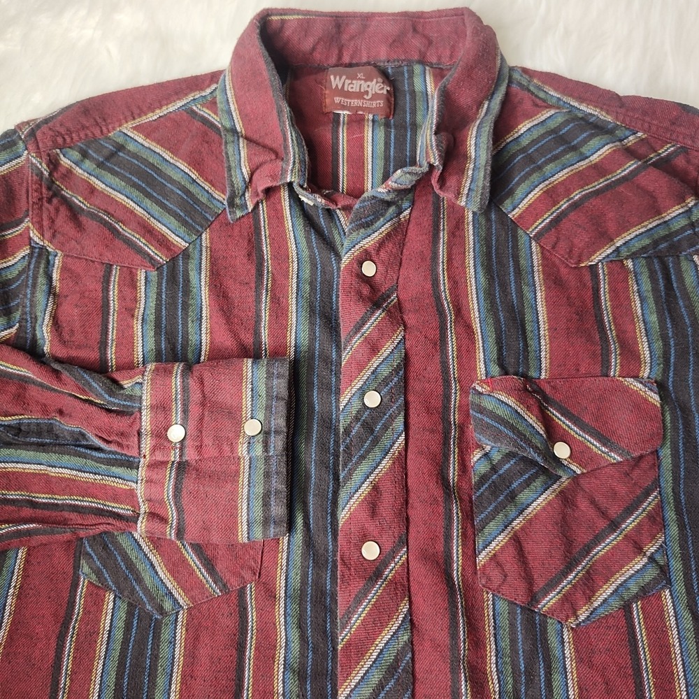 Wrangler Western Shirt Mens XL Burgundy Striped Pearl Snap Long Sleeve Flannel
